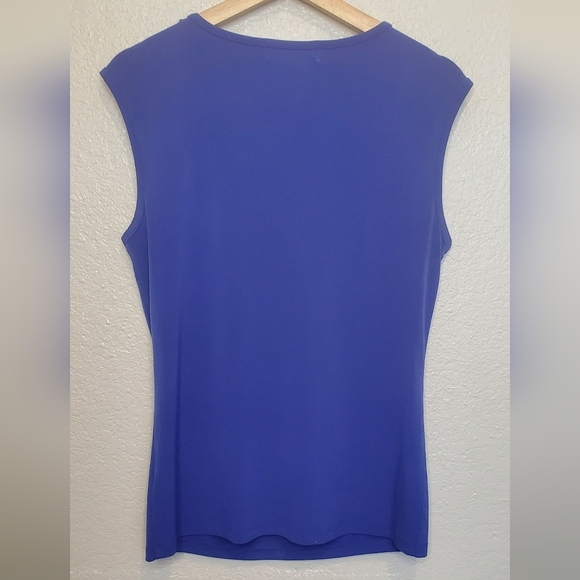 💚5/$25 Michael Kors Blue Draped Neck Sleeveless Blouse Top Stretchy Size Medium - Picture 2 of 5